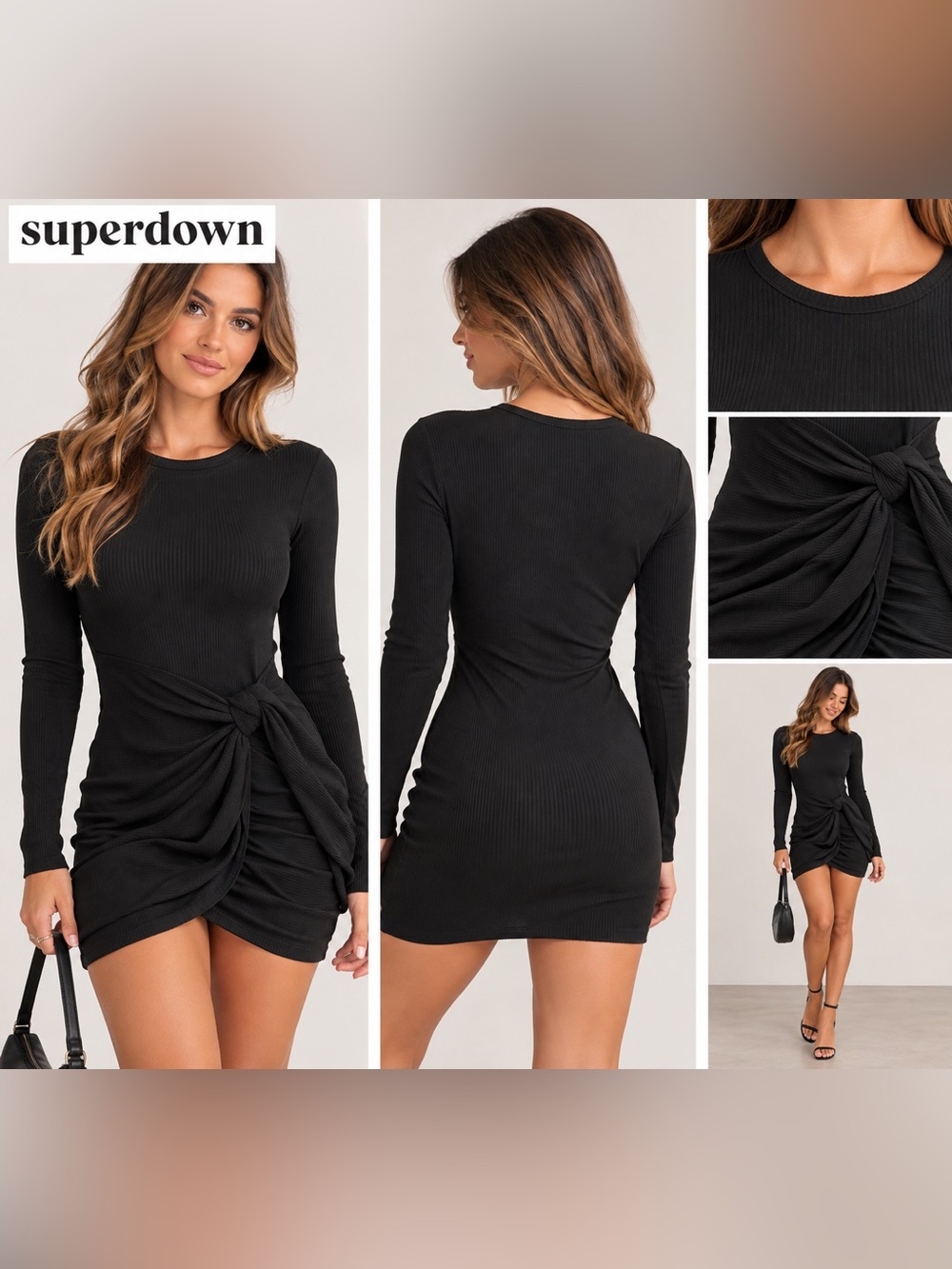 Superdown Dana Wrap Mini Dress Black Size M Ribbed Long Sleeve